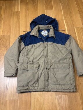Vintage Windcrest Ski Jacket XL Made in Korea Hooded Parka Blue Tan